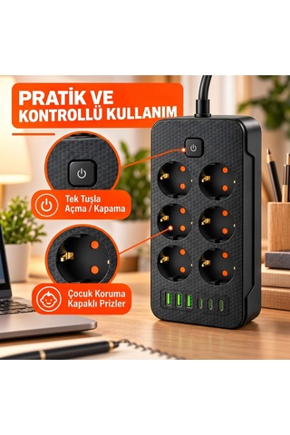 2500w 6'lı Grup Priz 6 Usb Girişli 3 Type-c + 3 Usb-a Açma Kapama Anahtarlı Çoklu Priz Çoğaltıcı