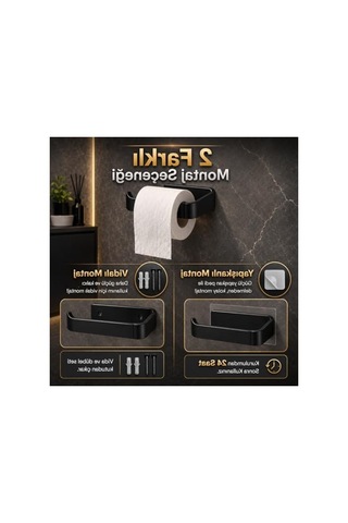 Banyo Tuvalet Kağıtlığı, Mat Siyah Renk, Yapışkanlı Ve Vidalı Montaj 16.5 x 12.2 x 11.2 CM