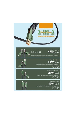 Pdateknoloji 2 İn 2 65w Usb Type-c Ve Lighting İle Uyumlu Örgülü