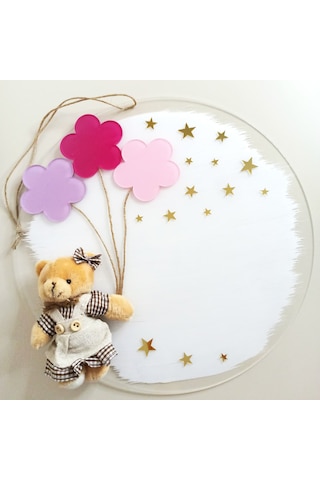 Kişiye Özel İsimli Ayıcıklı Kız Bebek Kapı Süsü Beyaz - Pembe