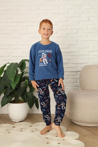 Yeni Stil Sonbahar/kış Erkek Çocuk Uzay Figür Astronot Desen Polar Pijama Takımı 4565 Mavi