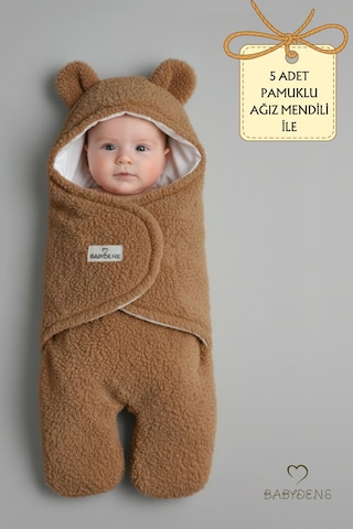 Babyden's 0-12 Ay Welsoft Peluş Bebek Dış Kundak - Uyku Tulumu Ayıcık Kulaklı İçi %100 Pamuk Astarlı Battaniye Kahverengi