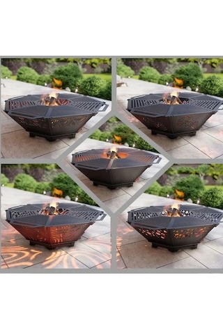 Oktagon Ateş Çukuru Izgaralı Sekizgen Barbekü Bahçenize Dekoratif Siyah