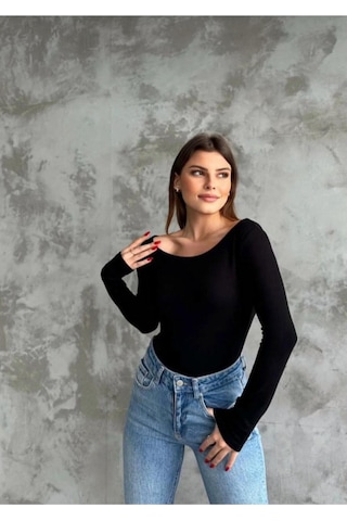 Kadın Kayık Yaka Uzun Kollu Basic Bluz SIYAH