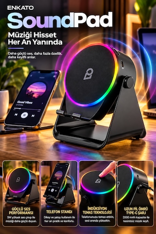 Soundpad Indüksiyon Bluetooth Hoparlör 5w Rgb Işıklı Telefon Standlı Bluetooth 5.3 Type-c Şarjlı 5in1