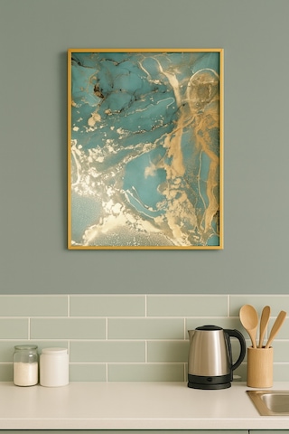 Yeşil Rüya Green Abstract Modern Tablo - Gerçek Cama Baskı Gold Alüminyum Metal Çerçeveli