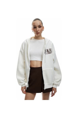 Koton Kapüşonlu Fermuarlı Arkası Baskılı Cepli Şardonlu Oversize Sweatshirt Ekru 6wal10141ık Ekru