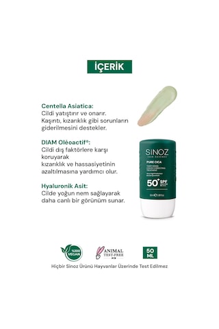 Sinoz Pure Cica Tiger Grass Anında Ton Eşitleyici Mineral Güneş Filtreli Sıvı Güneş Kremi SPF50+ 50 ML