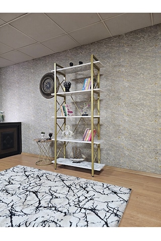 Çıkıntılı Gold Boyalı Kitaplık - 5 Raflı Suntalem Lüks Kitaplık B Çok Renkli