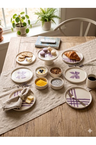 Lila Gift 11 Parça 6 Kişilik Seramik Kahvaltı Takımı & Sunum Seti Lila Desenli Pasta Tabağı Seti Beyaz