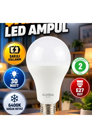 30w Şarjlı Led Ampul E27 Duy 6400k Soğuk Beyaz