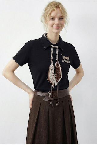 Shade Kadın Tiger Nakışkı Fular Detaylı Polo Yaka T-shirt 3501 60283973 - Siyah