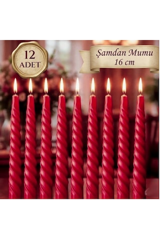 12 Adet Kıvrımlı Şamdan Mumu Kırmızı 16 Cm Dekoratif Uzun Mum Seti Kırımızı