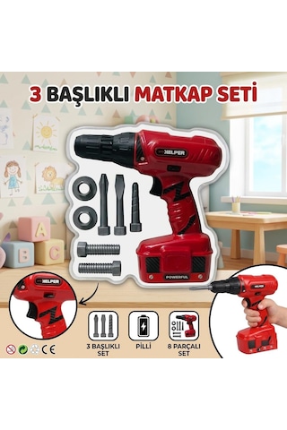 Pille Çalışan 3 Farklı Uçlu 2 Vida 2 Somonlu Tamirci Temalı Matkap Oyuncak İş Aleti