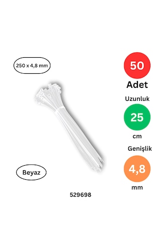 Plastik Kablo Bağı Klipsi Cırt Kelepçe 250 X 4.8 Beyaz 50 Adet Beyaz