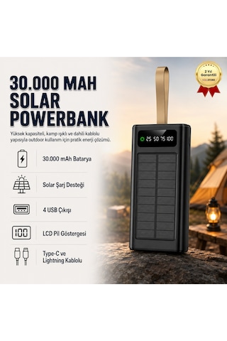 Solar 30.000mah Powerbank Dijital Göstergeli, 4 Usb Çıkışlı, Dahili Type-c Ve Lightning Kablolu Powerbank-1674 BEYAZ