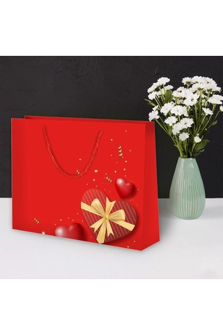 42 X 38 X 12 Cm Hediyelik Karton Çanta Kırmızı Valentine Kalp Desenli Lüks Çanta