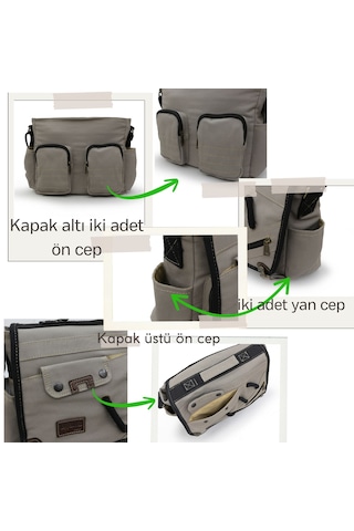 Cappadocia Vintage 4017 Açık Gri 14" Laptop Kanvas Postacı Okul Çantası Unisex Kilitli Çok Cepli Omuz Askılı Açık Gri