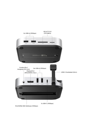 Ugreen Mac Mini M4 Bağlantı İstasyonu, Çift Monitör Kurulumları İçin Displayport 4k 240hz Maks. , 10 Gbps Usb Bağlantı Noktaları, 8 Tb M.2 Nvme Ssd Yuvası, Sd/tf Kart Okuyucu Ve 3,5 Mm Ses Mac Mini M4/m4 Pro İle Uyumlu