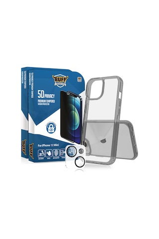 Buff Apple iPhone Uyumlu 12 Mini  Paket - 2x5d Ekran Koruyucu + Şeffaf Kılıf + Lens Koruyucu Privacy Hayalet