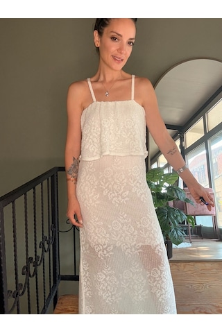 Ali Butik Ekru Dantel Detaylı Askılı Elbise