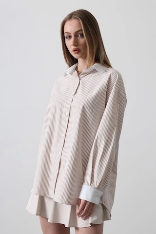 Defymoda Çizgili Oversize Gömlek - Bej Bej