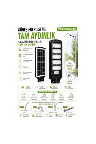 300 W Solar Sokak Armatürü Sensörlü Profesyonel Seri, Kumandalı Montaj Seti Hediyeli