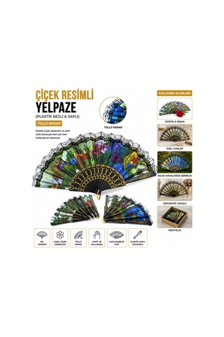 Enfa 965 Çiçek Desenli Tüllü Kenar Yelpaze - Plastik Bezli Saplı- 12'li Paket Diğer