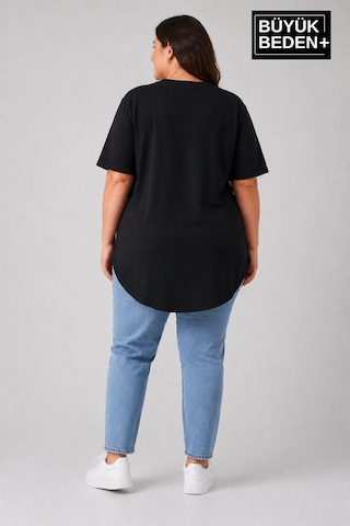 Superlife Büyük Beden Kadın Bisiklet Yaka Basic Oval Etek Detalylı 3xl-6xl Uzun Tunik Spr26btsk502 Siyah