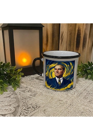 Kişiye Özel Sarı Lacivert Renk Tasarımlı Atatürk Portre Temalı Enamel Kupa Bardak Sarı - Lacivert