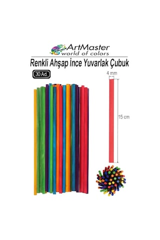 Renkli Ahşap İnce Yuvarlak Çubuk 15 Cm 30 Lu 1 Paket Hobi Sınıf Tasarım Etkinlik Okul Öncesi Oyun Çubukları