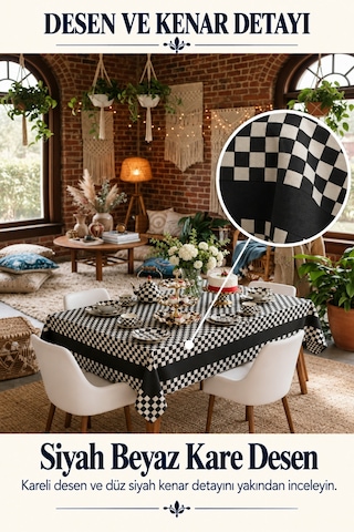 Vivanni Home Yıkanabilir Dikdörtgen Masa Örtüsü Günlük Kullanıma Uygun Pratik Ve Uzun Ömürlü Siyah Dama