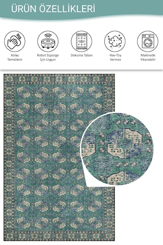 Artloop Relic Yeşil / Mavi Vintage Dokulu Klasik Desenli Dokuma Tabanlı Şönil Halı Al 472 Bej