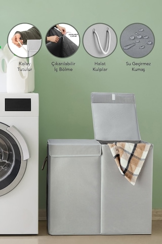 Meleni Home Iki Bölmeli Mega Boy Çamaşır Sepeti - Kulplu Katlanır Banyo Kirli Çamaşır Sepeti 50 Lt + 50 Lt Diğer