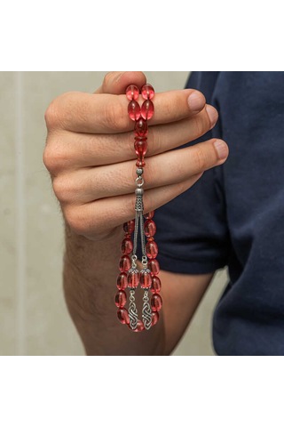 Gümüş Püsküllü Ateş Kehribar Tesbih Sl12592 Gümüş