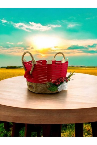 Komodin Üstü Düzenleyici Hasır Sepet Takı Organizer Makyaj Kutusu Banyo Sepeti Kırmızı