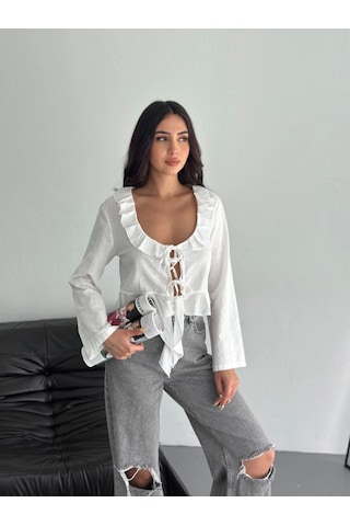 Meleners Keten Uzun Kol Bağacık Detaylı Bluz - Beyaz Beyaz