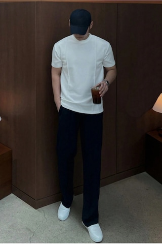 Erkek Çizgi Detaylı Slim Fit Tişört Bisiklet Yaka Casual Pamuklu T-shirt Beyaz