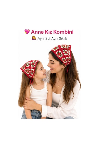 Anne Kız Kombin Bandana El Örgüsü Saç Bandı Bohem Stil Ayarlanabilir 2li Set Kırmızı