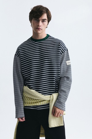 Vamos Kontrast Yaka Çizgili Sweatshirt Ekru-füme
