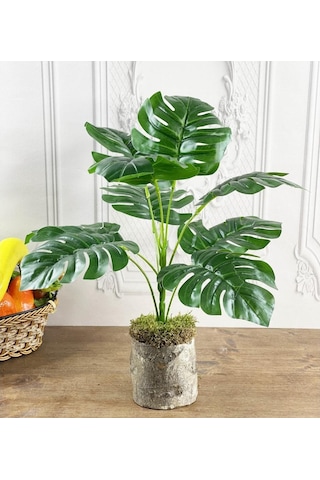Yapay Çiçek Monstera 9 Dal Kütük Saksılı Deve Tabanı Dekoratif Sü