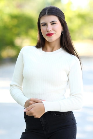 Giysa Kadın Bej Fitilli Crop Triko Kazak Kısa Model Akrilik Kumaş Ribanalı - 3122 Bej