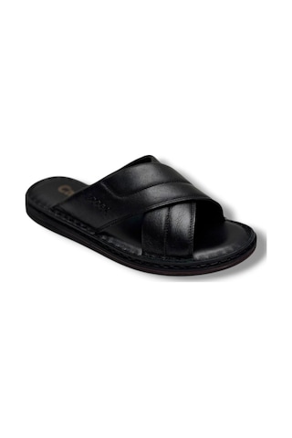 Cakgo 170-26 Hakiki Deri Ultra Soft Çapraz Bant Anatomik Erkek Terlik 40-47 Siyah