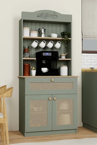 Lucas 2 Kapaklı Çekmeceli Pvc Hasır Desen Kahve Köşesi & Çok Amaçlı Mutfak Dolabı-açık Ceviz & Yeşil Yeşil