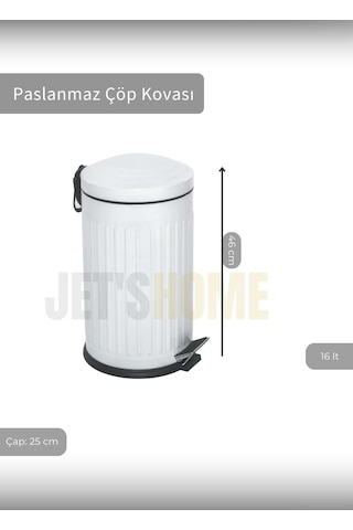 Jet's Home Pedallı Banyo Çöp Kovası Paslanmaz 16 Lt Mutfak Çöp Kutusu Beyaz Beyaz