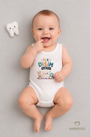 Babyden's Diş Buğdayı Body %100 Pamuk İlk Dişim Çıktı Baskılı Kolsuz Bebek Body Çıtçıtlı Unisex Yenidoğan Zıbın Beyaz