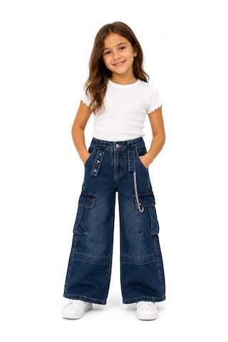 İrem Kız Çocuk Çift Kargo Cepli Geniş Paça Model Zincir Aksesuarlı Lacivert Renk Kot Pantolon