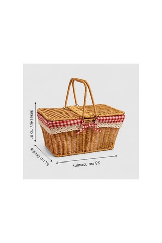 Kırmızı Ekoseli Piknik Sepeti, 39x27x18 Cm Boyutlarında Taşıma İçin Uygun Açık kahverengi