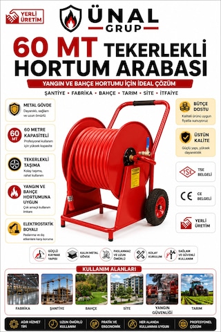 60 Metre Tekerlekli Yangın Ve Bahçe Hortum Arabası Metal Hortum Sarma Makarası Şantiye