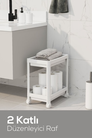 Vienev 2 Katlı Tekerlekli Düzenleyici Raf - Banyo Dolabı Mutfak Tezgah Ve Evye Altı Düzenleyici Beyaz